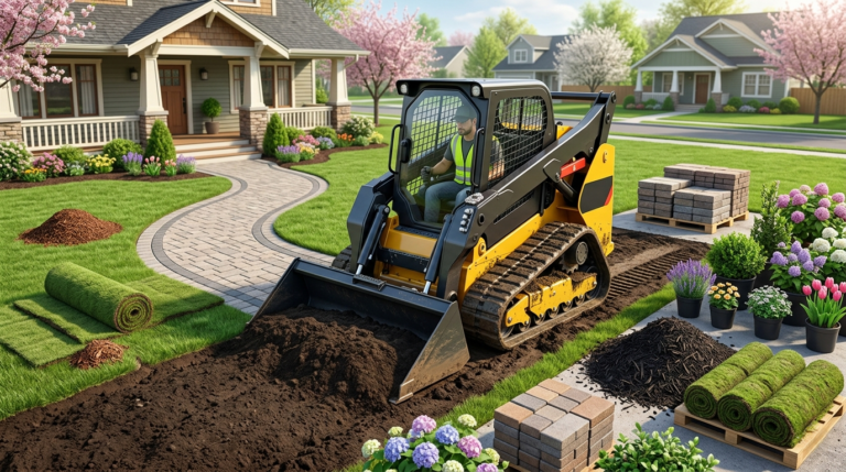 Skid Steer Landscaping Packages - Skidsteer Loader Worker operates a yellow skid-steer loader digging a trench in a landscaped suburban front yard with rolled sod, pavers, mulch, and plant beds nearby.