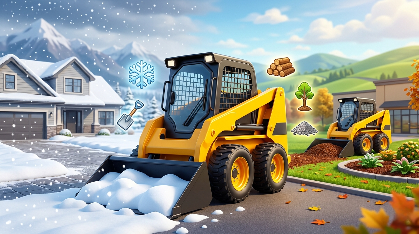Yellow skid-steer loader clearing snow from a residential driveway in winter, with a snowy house in the background on the left and a landscaping scene on the right