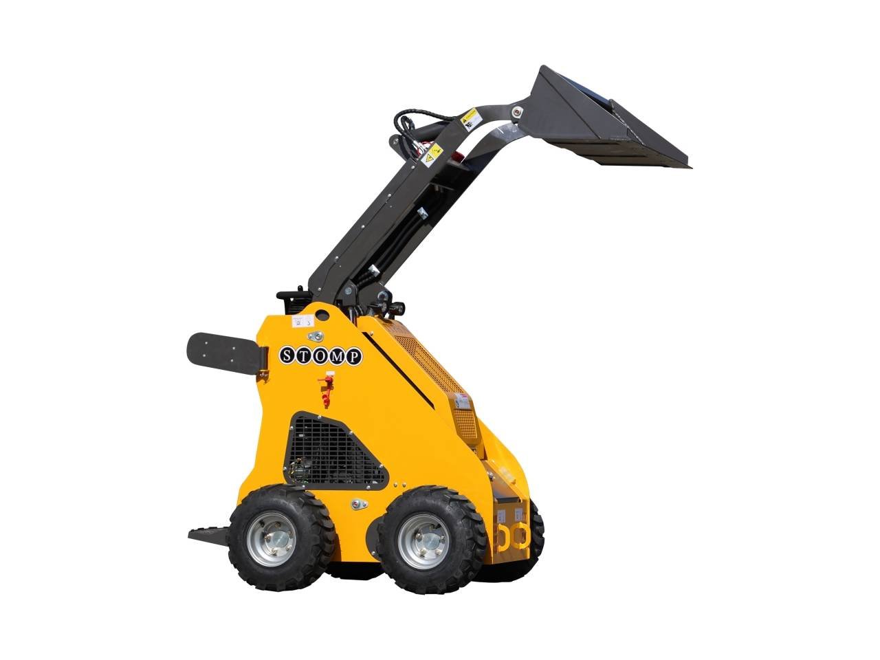 Compact yellow skid-steer loader with a raised black bucket attachment.