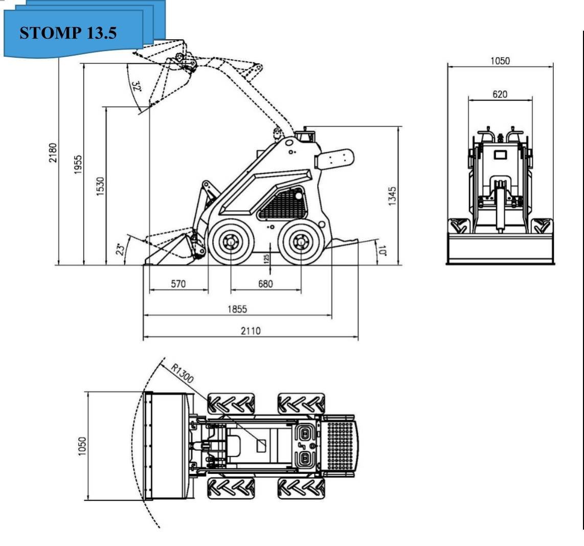 Technical schematic of STOMP 13.5 skid-steer loader with side and front views and dimensions)