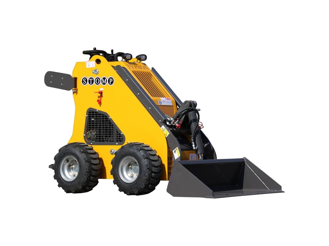 Yellow skid-steer loader with a front bucket attachment, ready to move material.