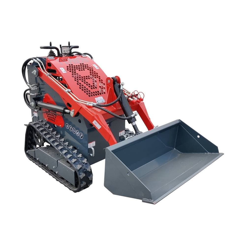 Red compact tracked loader with a front bucket attachment for digging and material handling