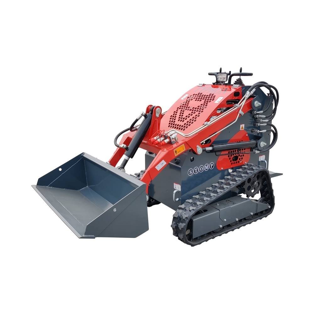 Red tracked mini loader with a front steel bucket for loading material.