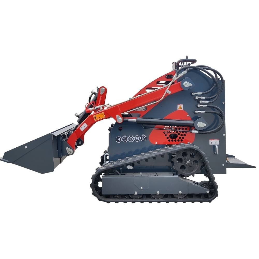 Compact tracked loader with a red hydraulic arm and a front bucket attachment, shown from the side in a neutral setting