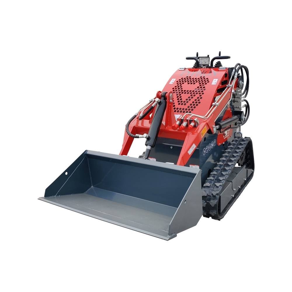 Red compact tracked skid-steer loader with a front bucket, isolated on white background.