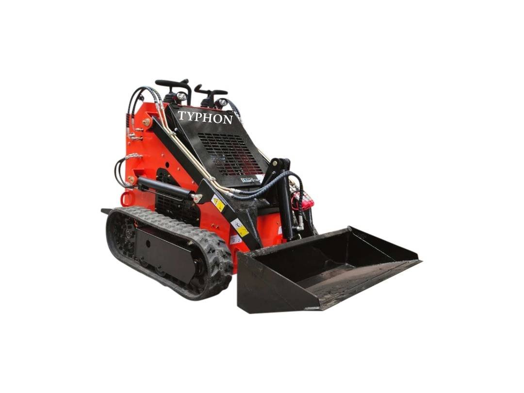 Red compact tracked loader with a large front bucket, branded Typhon, on white background.
