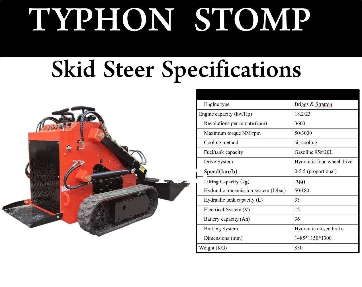 Typhon Stomp skid steer: red tracked loader beside a detailed specs table