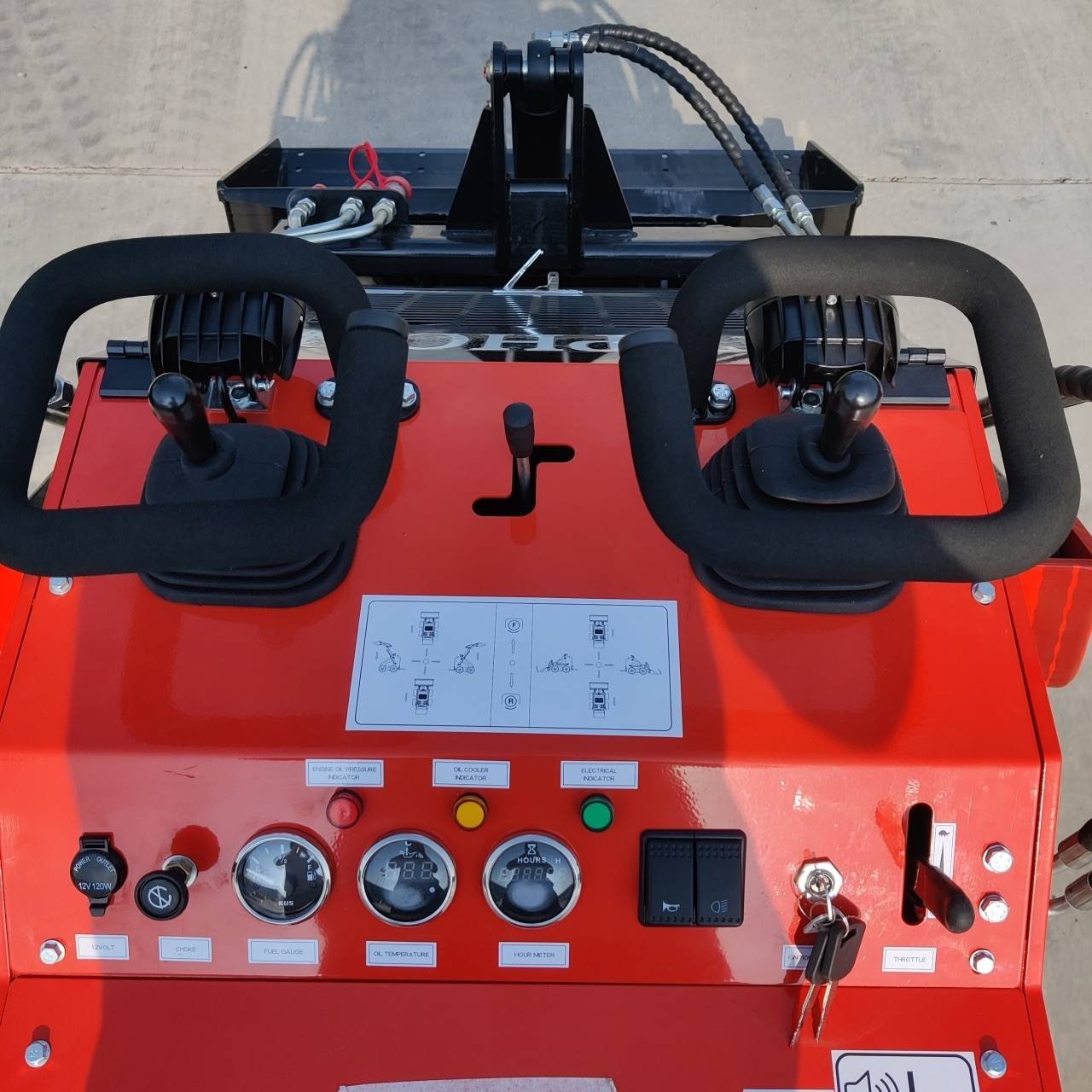 Red control panel with two large black joysticks and gauges, switches, and keys; exposed hydraulic hoses above, suggesting heavy machinery control cockpit.