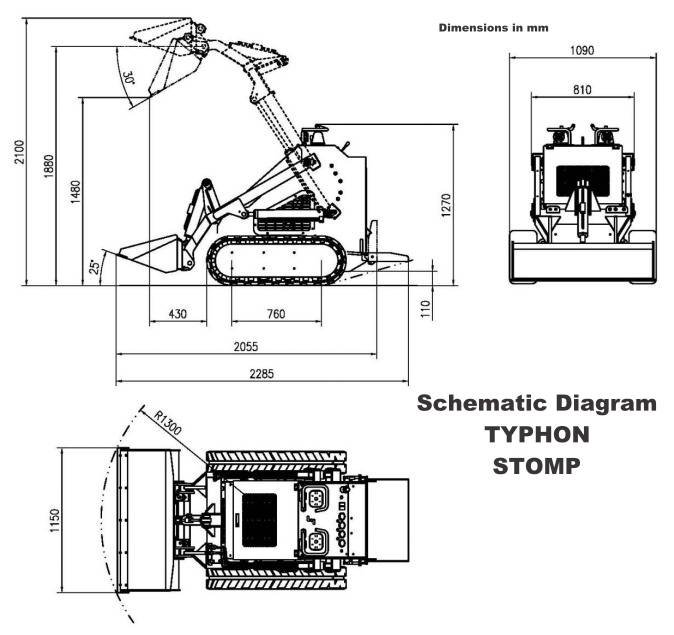 Schematic diagram of Typhon Stomp excavator with side profile and labeled dimensions in millimeters