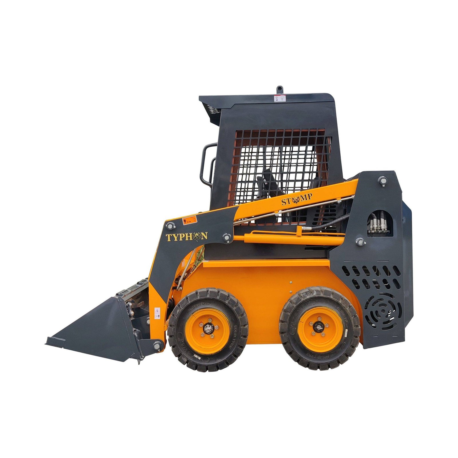 Front view of an orange and dark gray stump grinder with protective grid and large wheels.