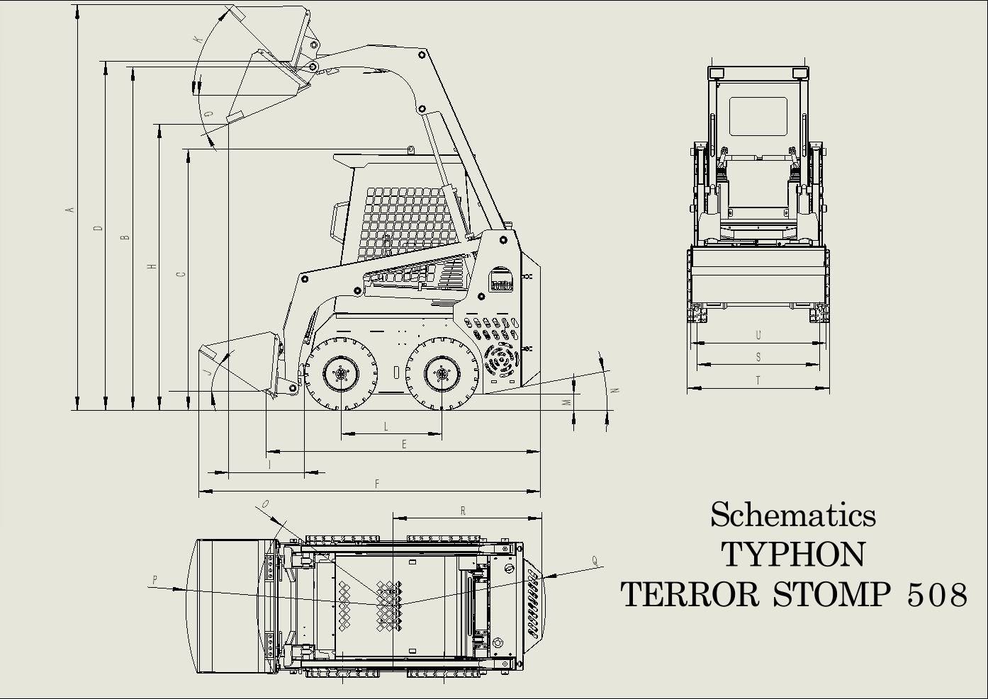 Technical schematic of a Typhon Terror Stomp 508 skid-steer loader shown in side, front, and top views with dimension lines and labels used for engineering reference.