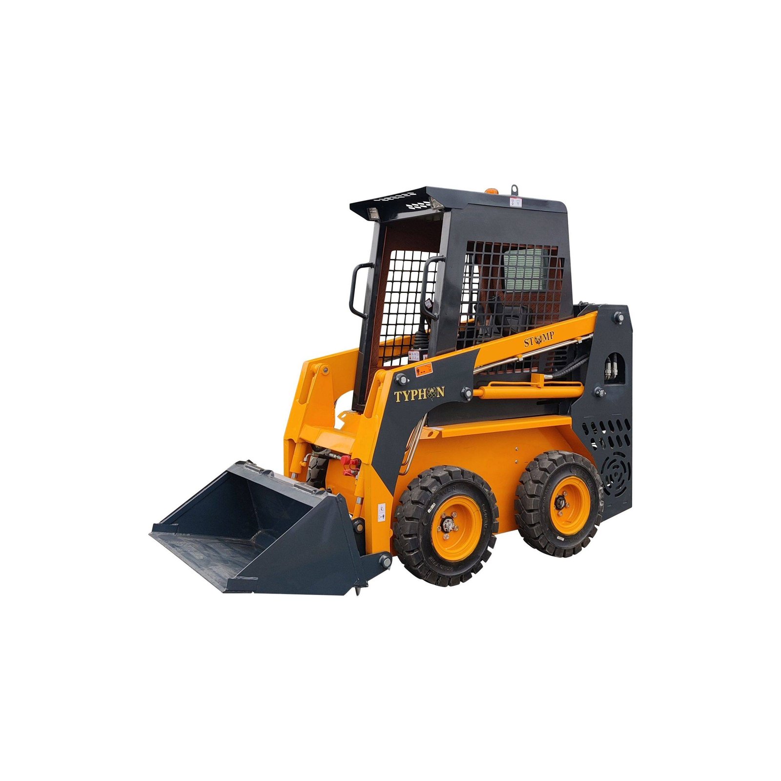 Orange and black skid-steer loader with front bucket, metal protective cab grid visible from the side.