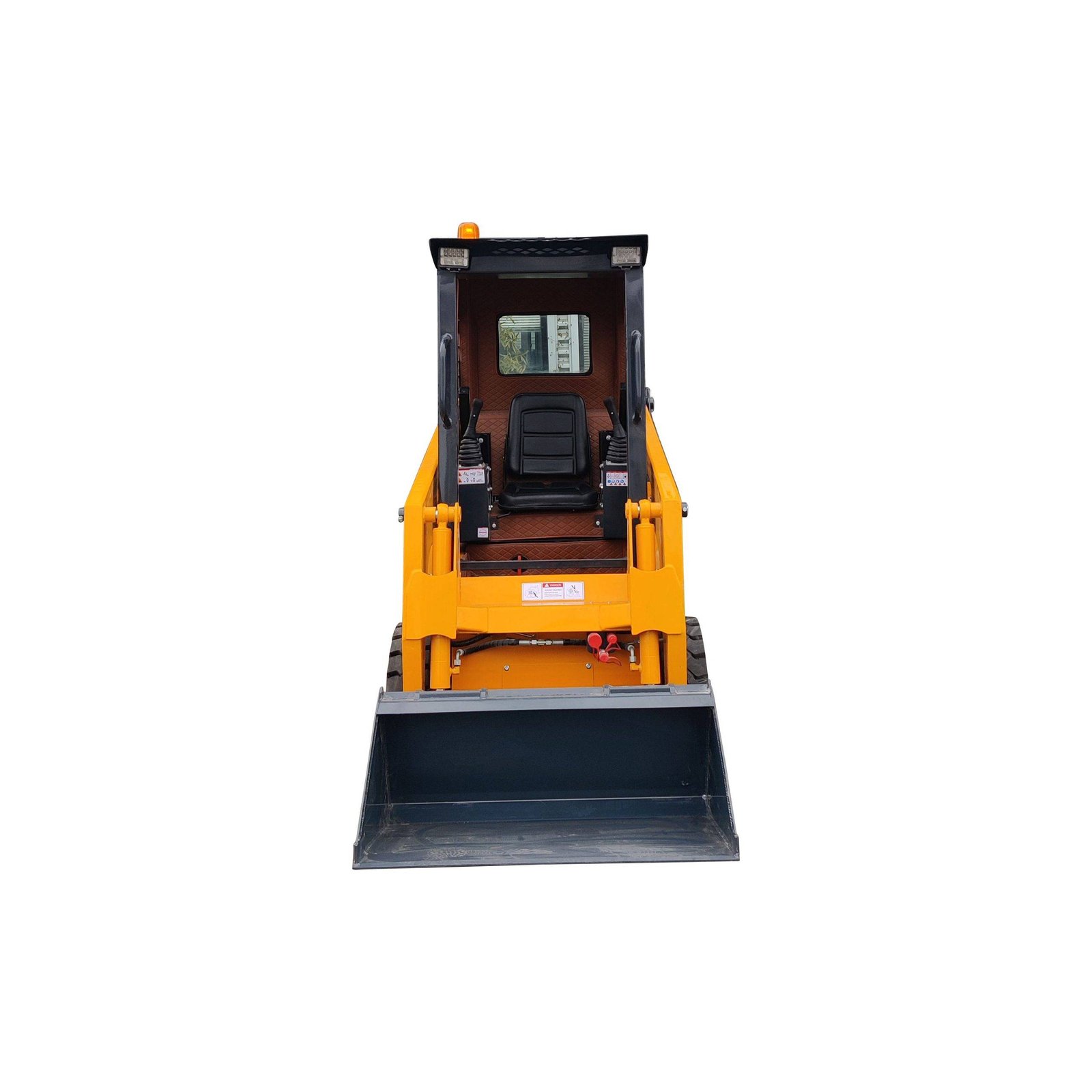 Front view of an orange construction loader with a large black bucket and cab in the center