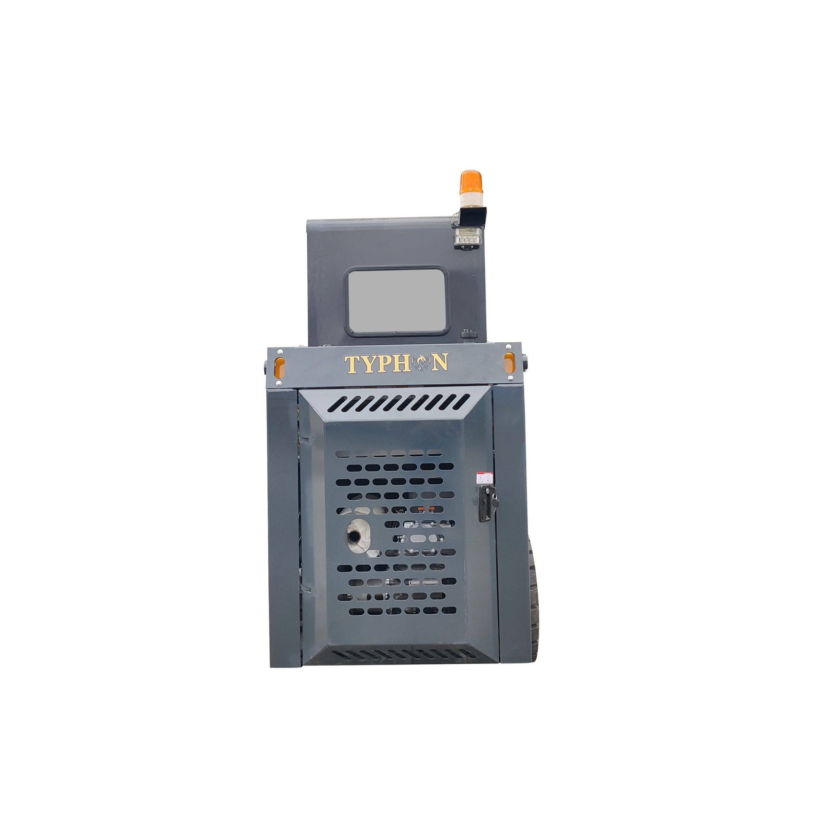 Industrial gray control cabinet with an orange warning beacon on top and vented panels