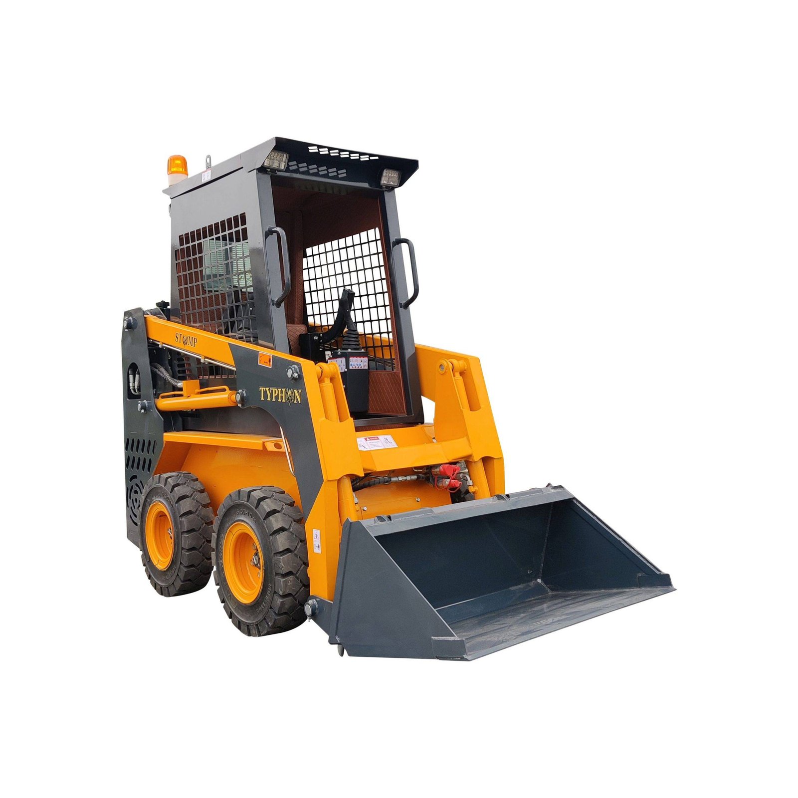 Orange and gray skid-steer loader with a large front bucket and protective mesh cockpit, shown from a low angle on a white background.