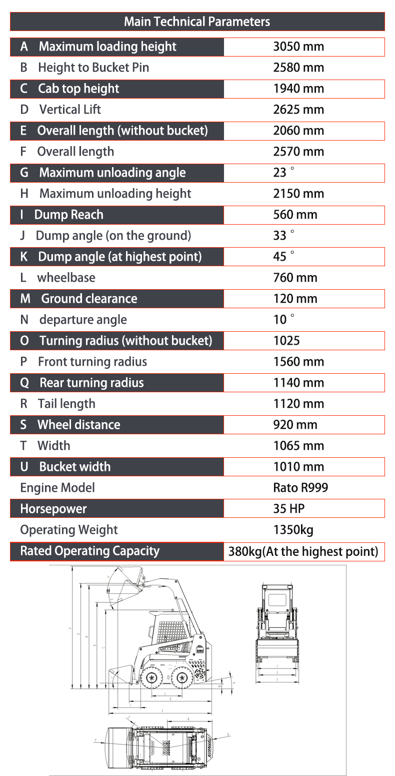 Table of main technical parameters for a loader, listing dimensions, capacities, and performance, with front/top blueprint drawings.