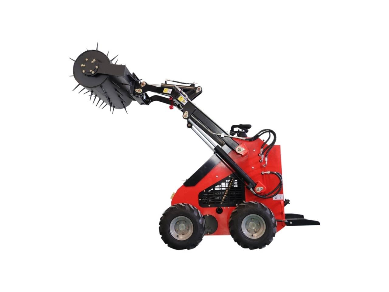 Red compact loader with hydraulic arm and a circular, spiked stump grinder head.