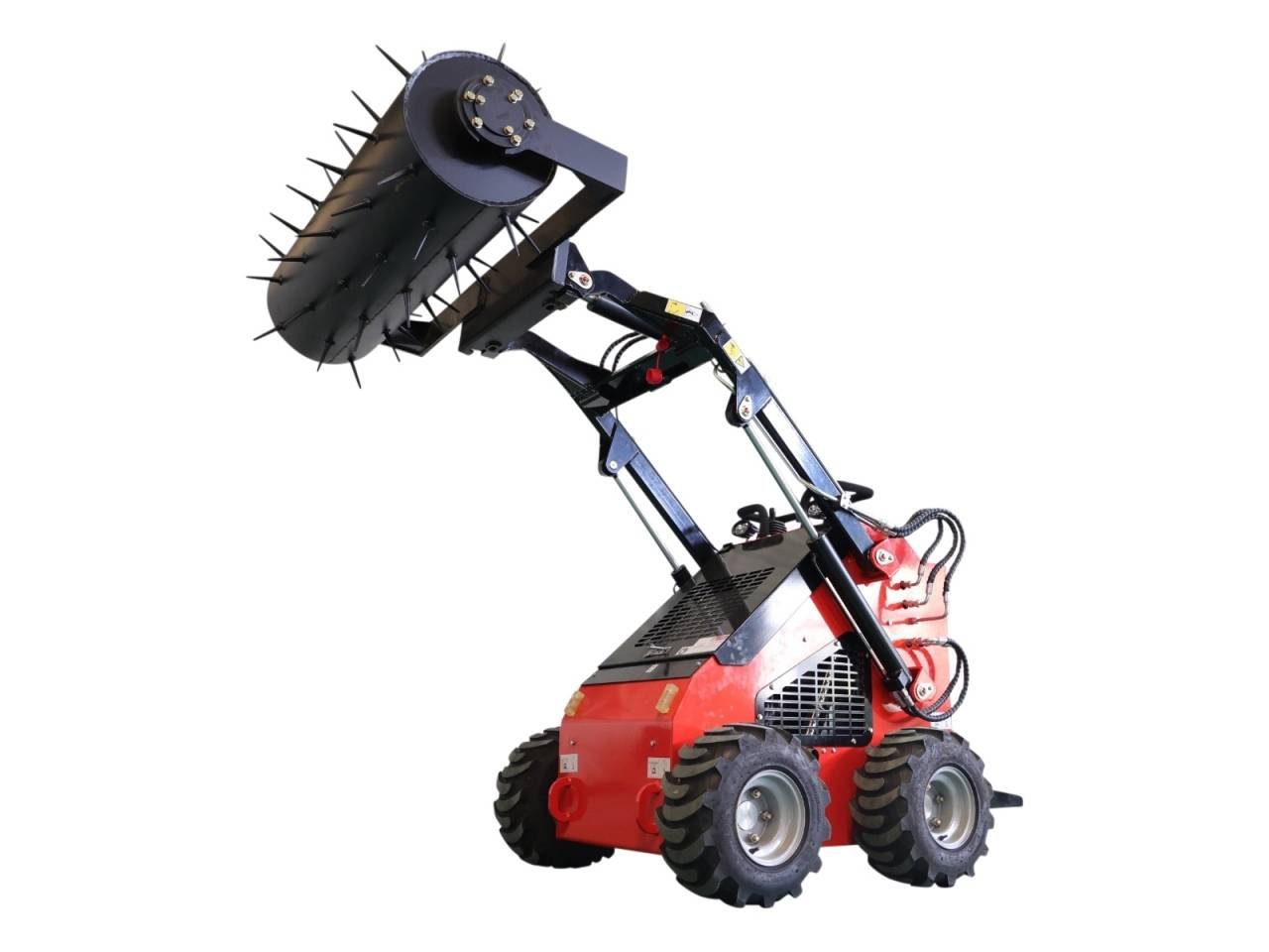 Red compact robotic vehicle with a long hydraulic arm and a large, spiked rotating drum for heavy-duty digging or material handling