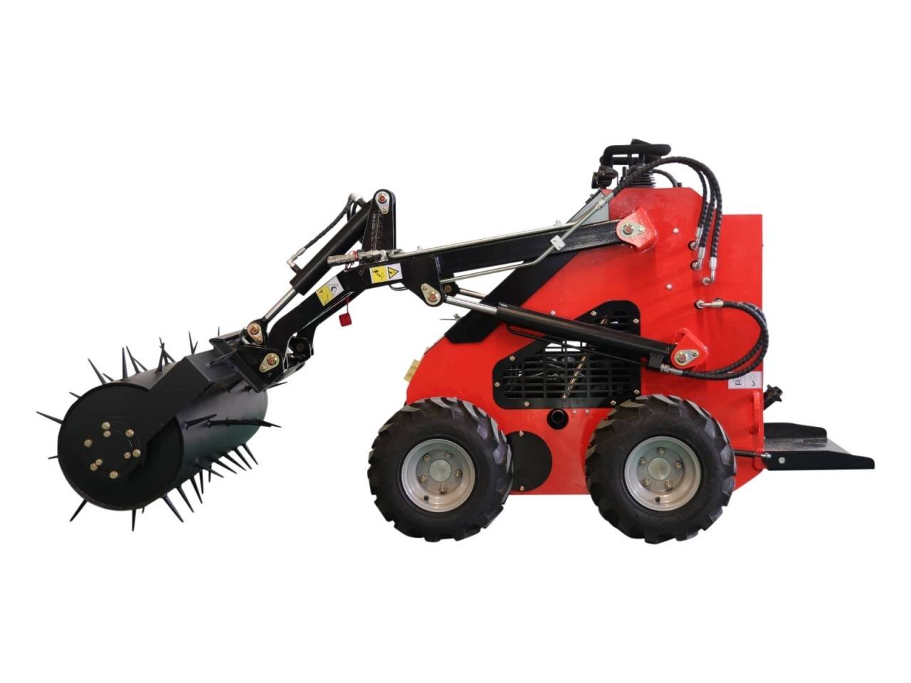 Red skid-steer loader with a large spiked rotary brush attachment for clearing vegetation.