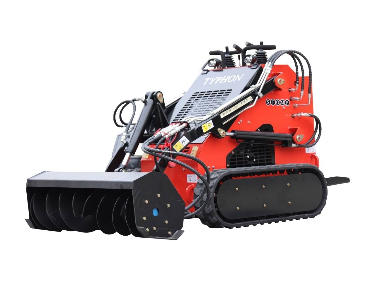 Red tracked land-clearing machine with a large front mulcher/rotary head and hydraulic hoses for a heavy-duty attachment (labeled Typhon).