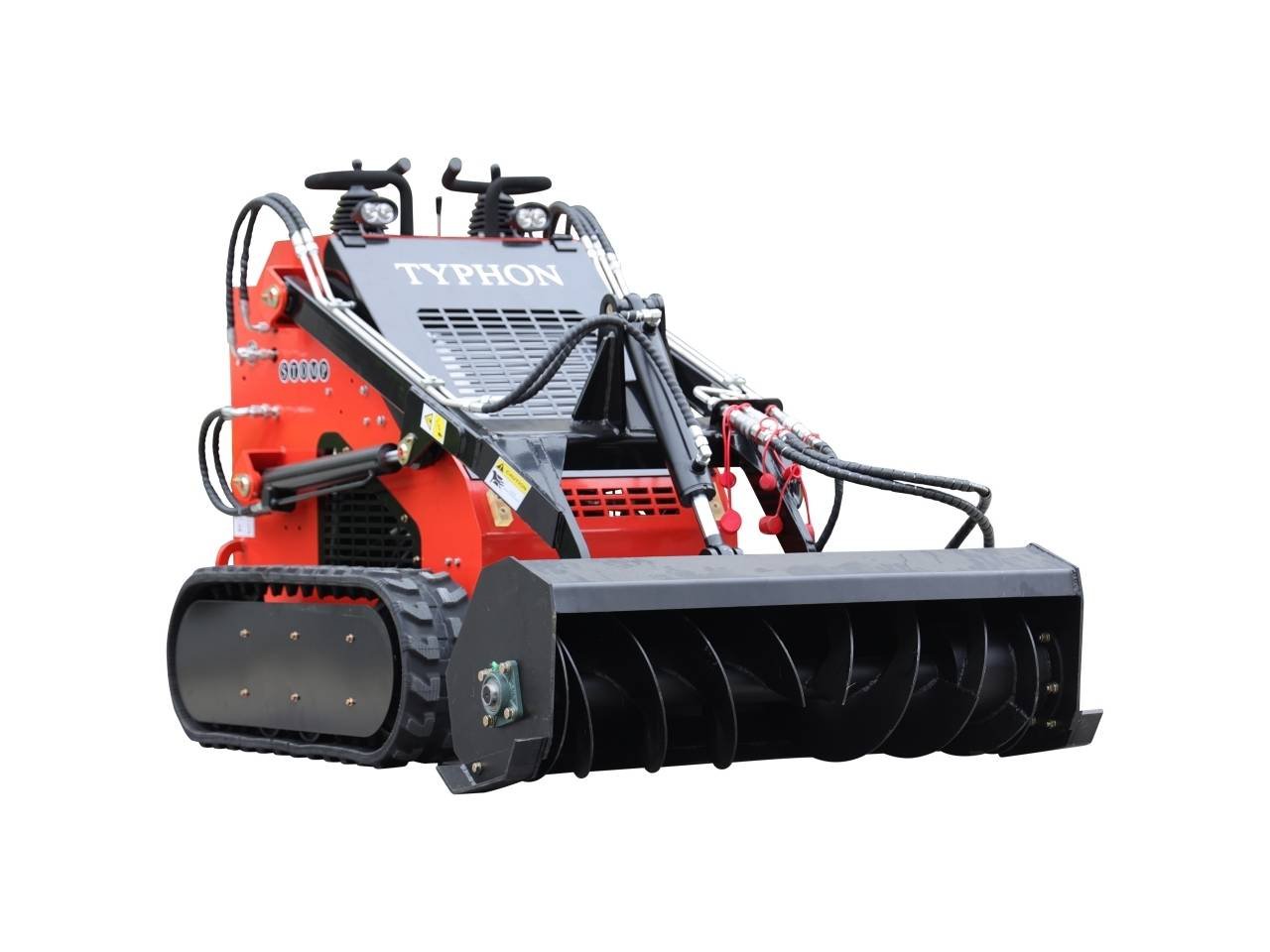 Red tracked heavy-duty attachment with a large black screw auger at the front, hoses and levers, labeled 'TYPHON' on the top plate.