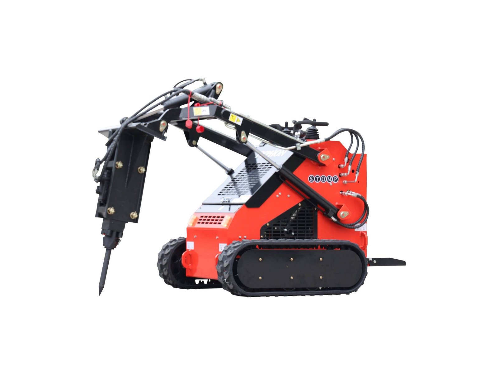 Red and black mini excavator with an extended hydraulic arm and bucket on tracked undercarriage