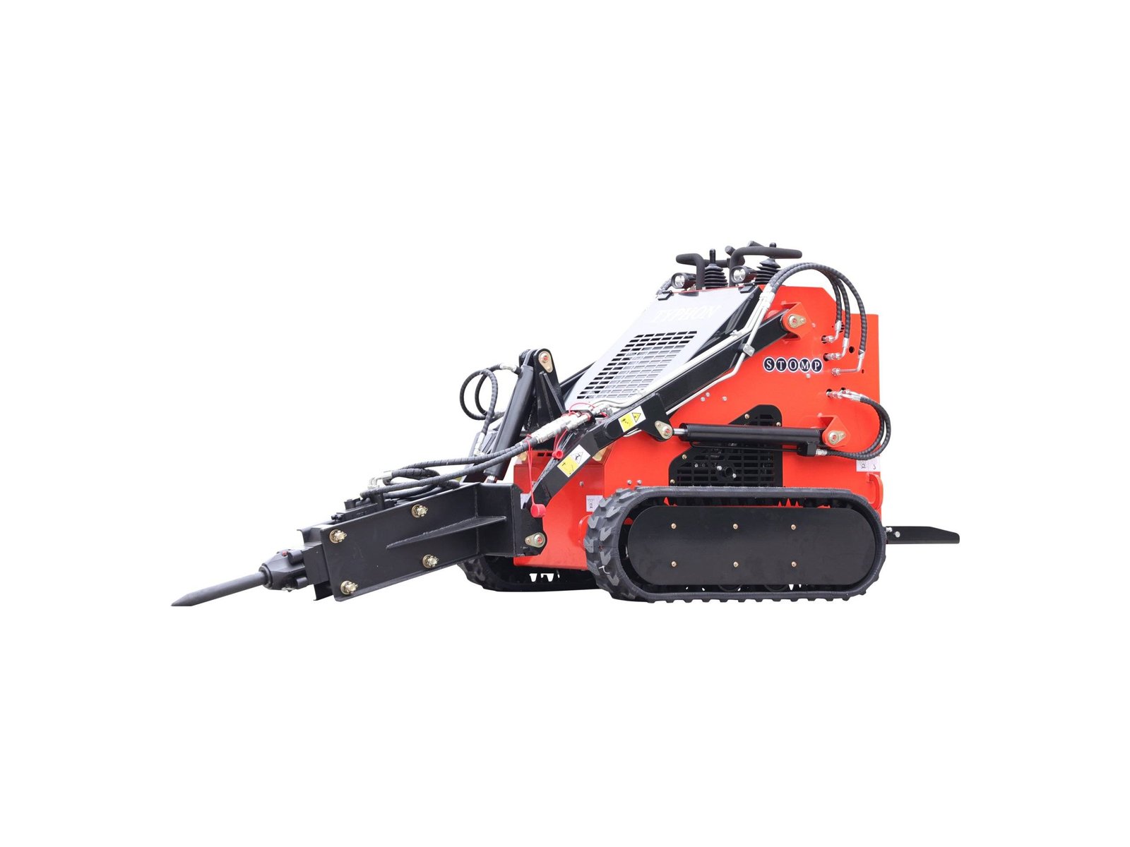 Red tracked stump grinder machine shown from the side with hoses and metal arms visible