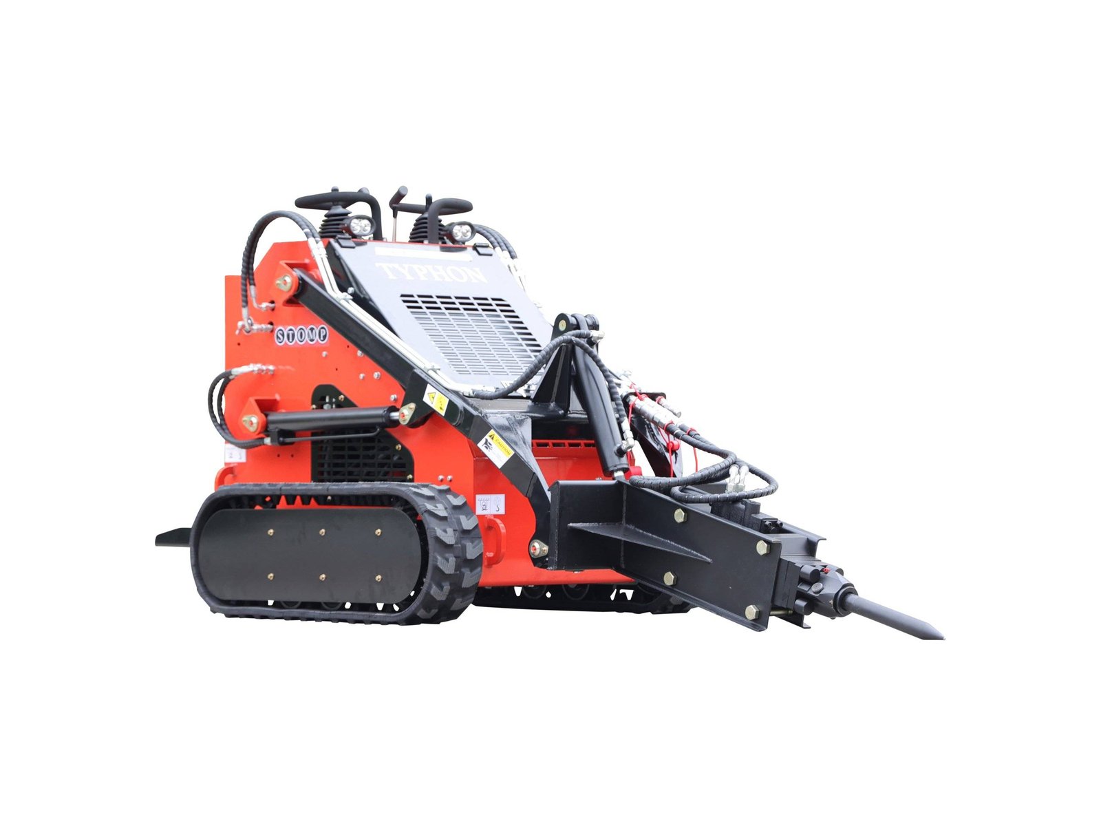 Red tracked construction machine with a front loader attachment and hydraulic hoses, labeled TYPHON on the side as a heavy equipment unit.