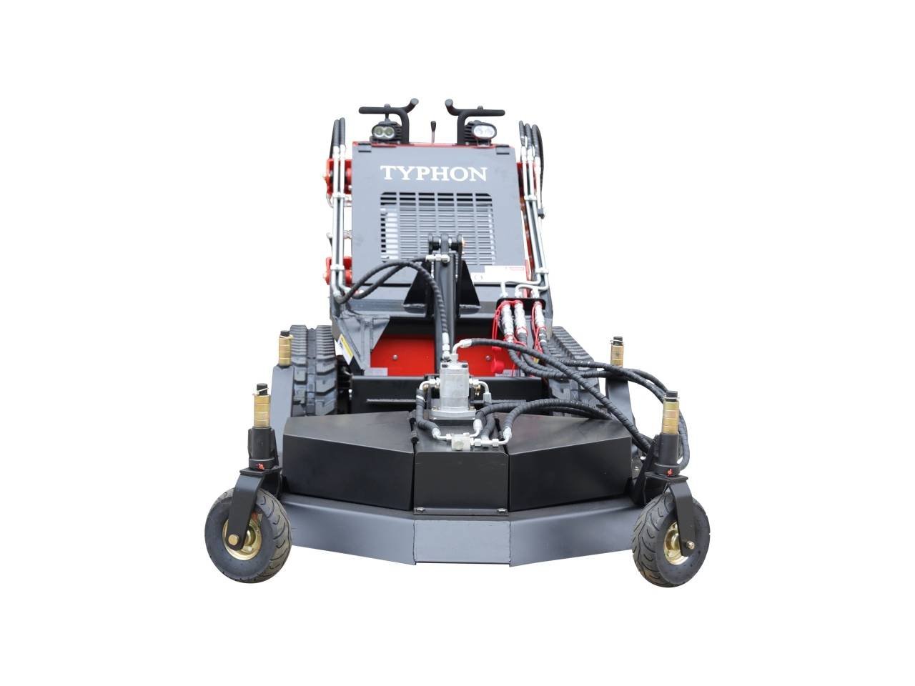 Front view of a Typhon robotic lawn mower with a wide black cutting deck and gray body, hoses and cables visible