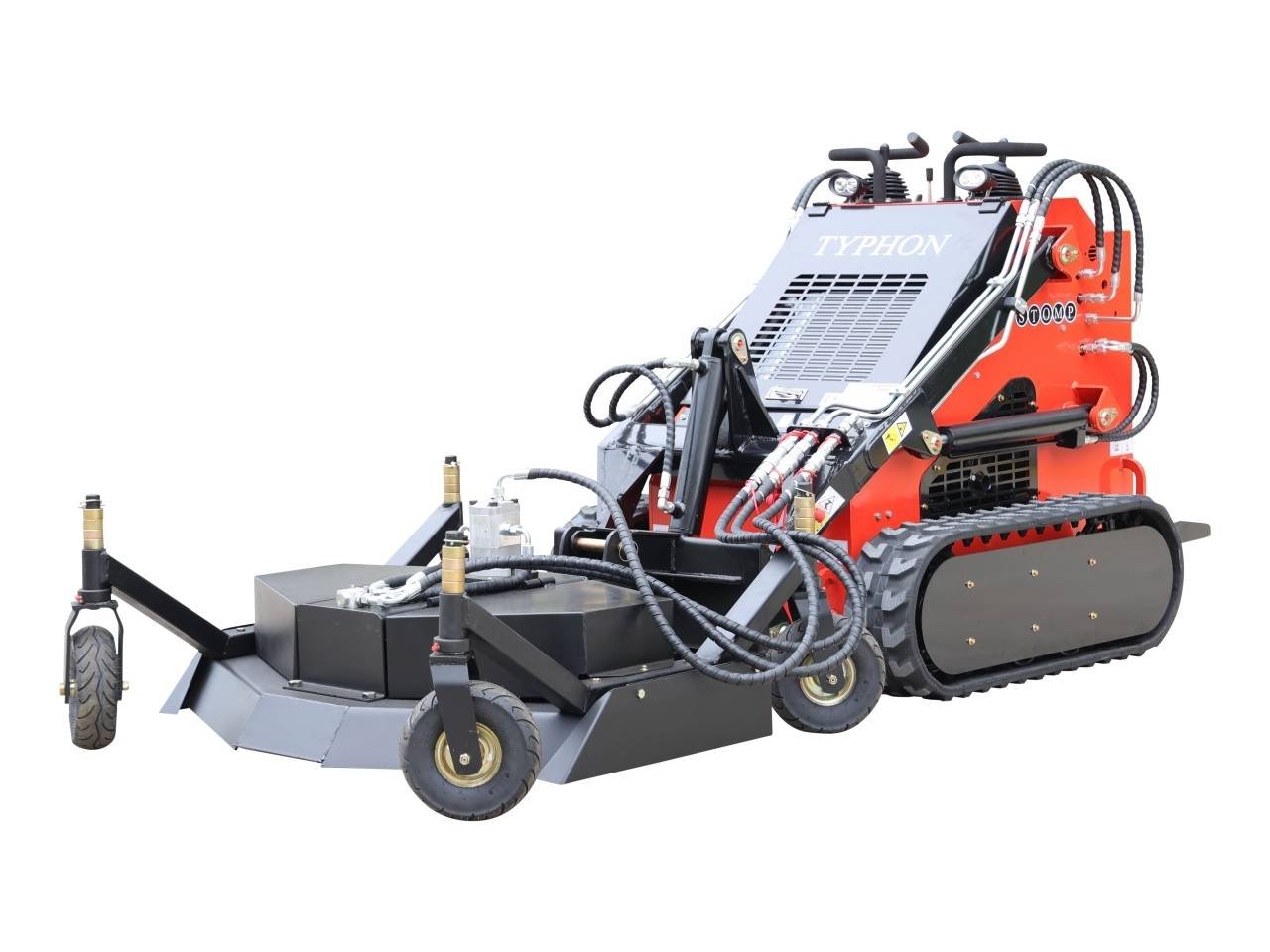 Red tracked hydraulic wood/brush mulcher with front cutting head and hoses, labeled Typhon, for vegetation clearing