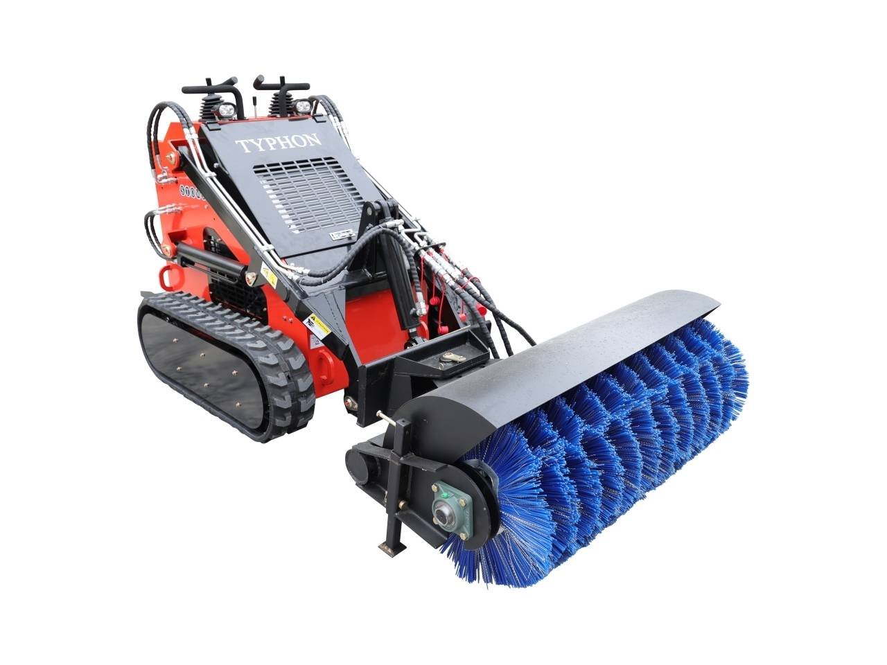 Red tracked industrial street sweeper with a large blue cylindrical brush labeled TYPHON
