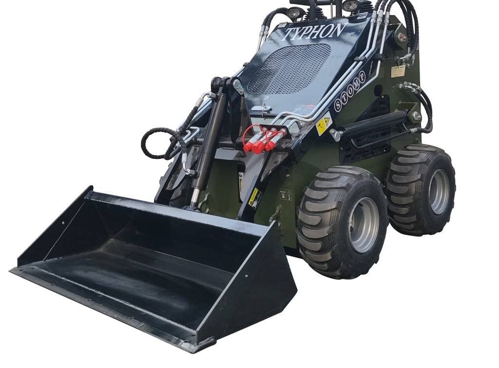 Compact skid-steer loader with a large front bucket for scooping material, labeled Typhon on the body