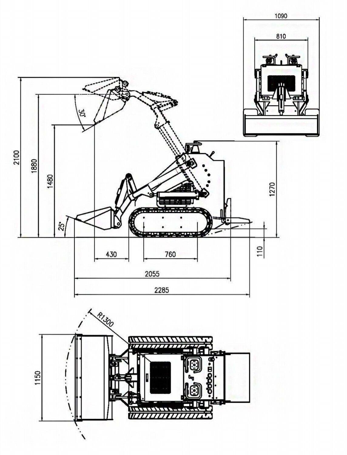 Technical drawing of a compact tracked excavator shown in side and top views with labeled dimensions (length ~2285 mm, height ~2100 mm, width ~1090 mm).