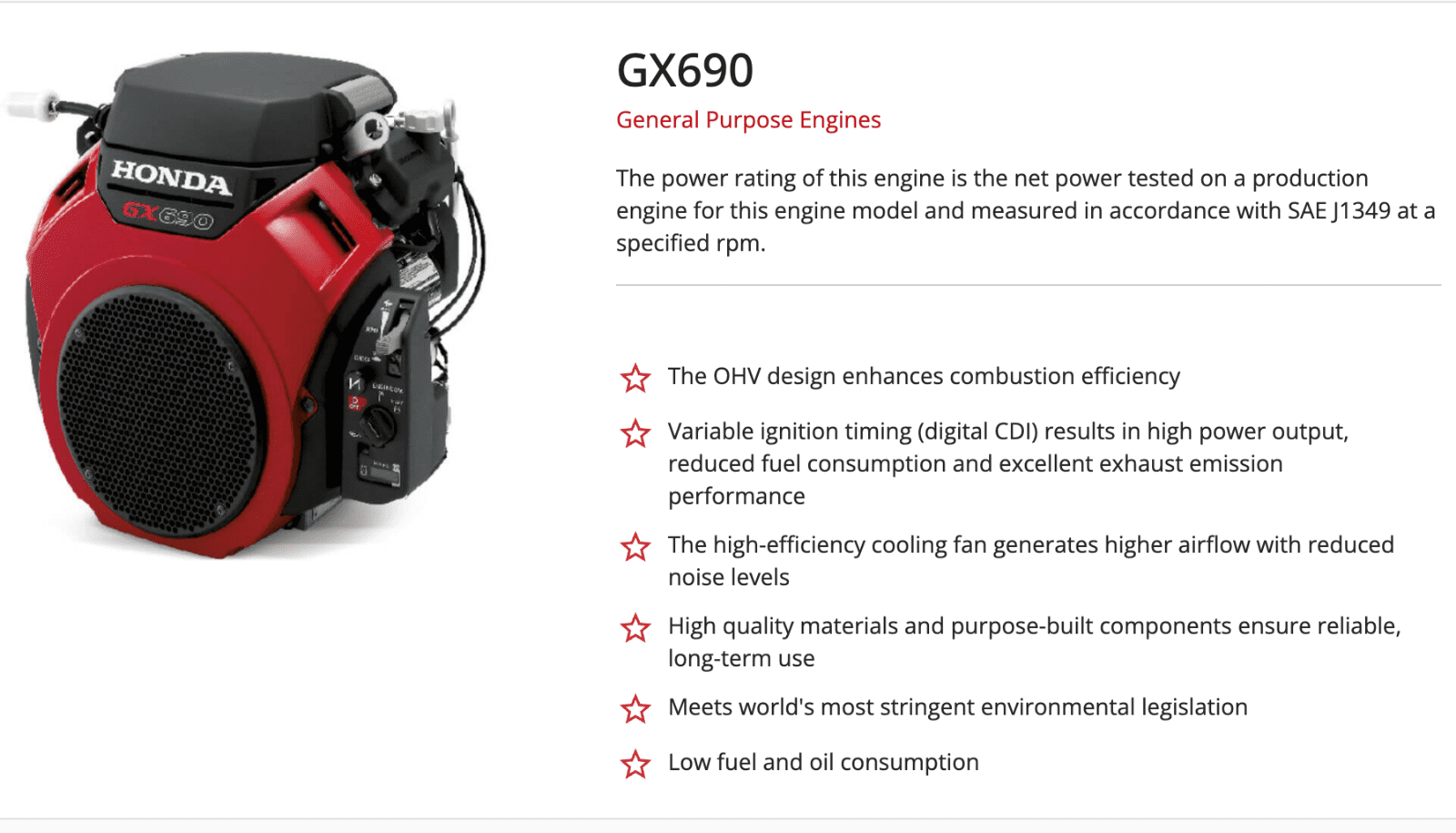 Honda GX690 general-purpose engine shown with a list of performance features on a white background (left image: engine; right text)