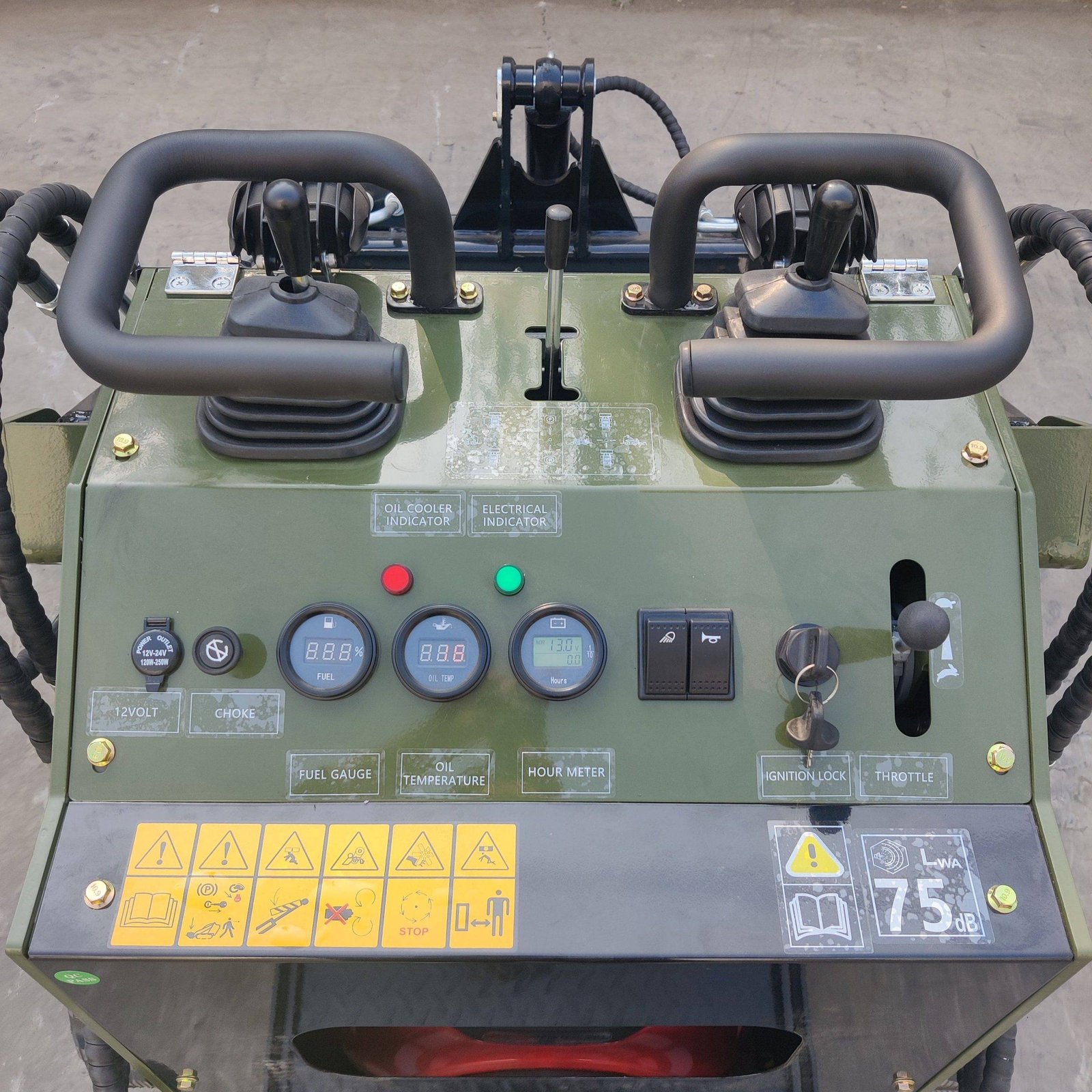 Close-up of a military-green control panel with two black joystick levers, gauges, and yellow safety stickers in view.