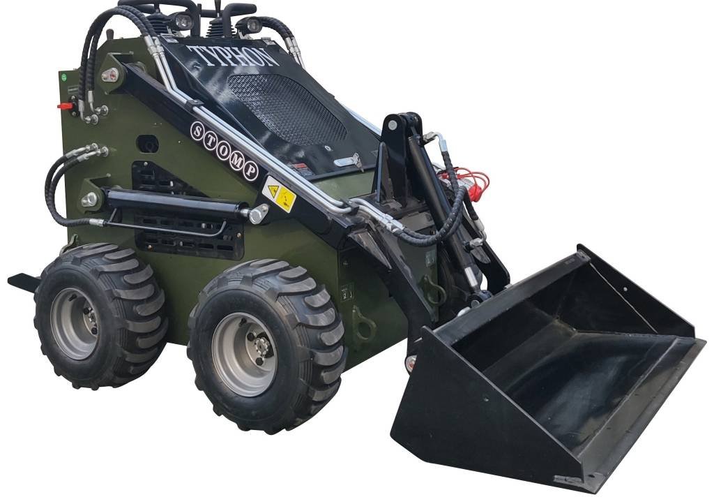 Compact skid-steer loader with a front bucket and large off-road tires, olive-green body.