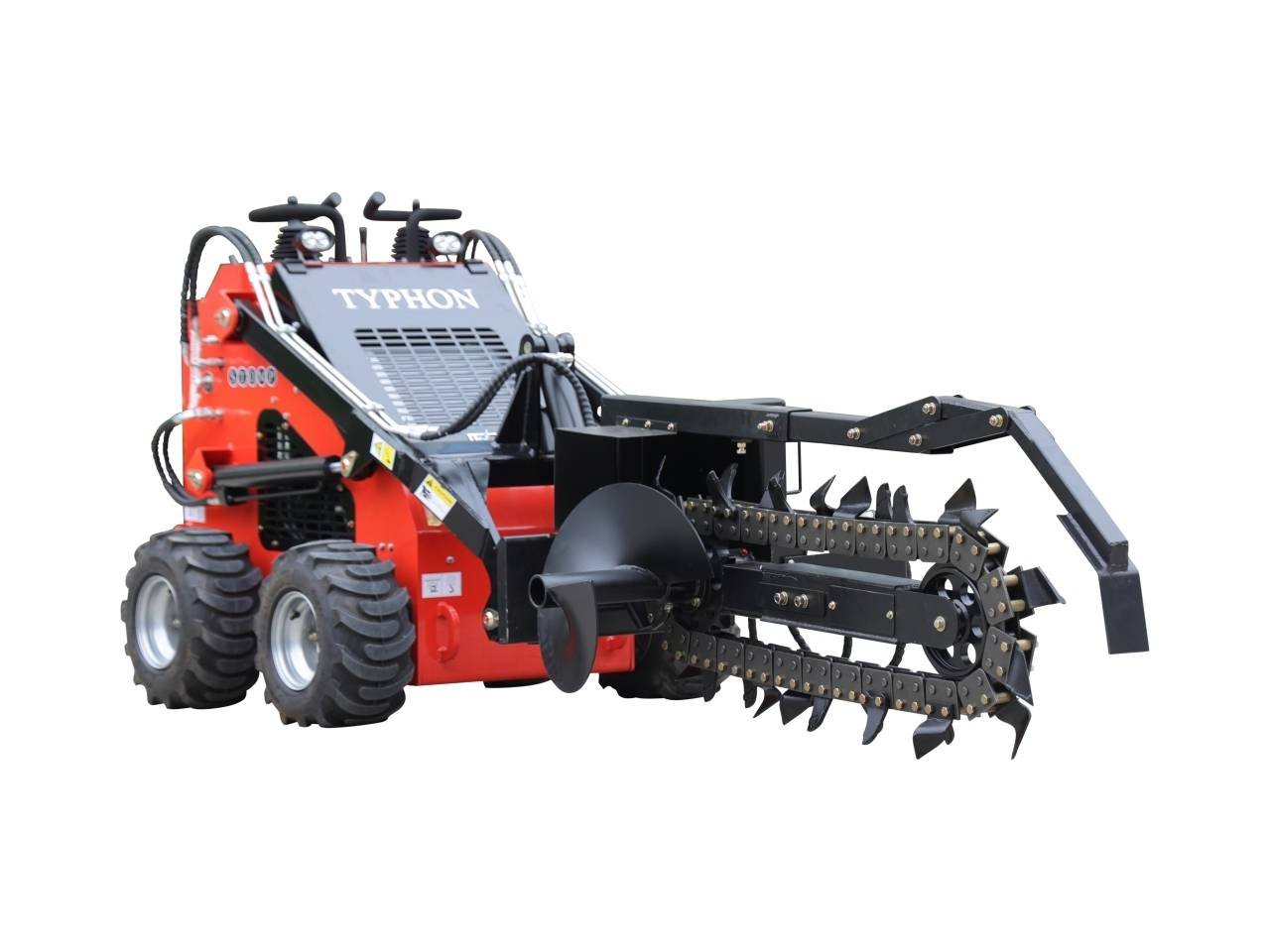 Red Typhon agricultural machine with large front-mounted cutter/auger attachment and dual large tracks on each side.
