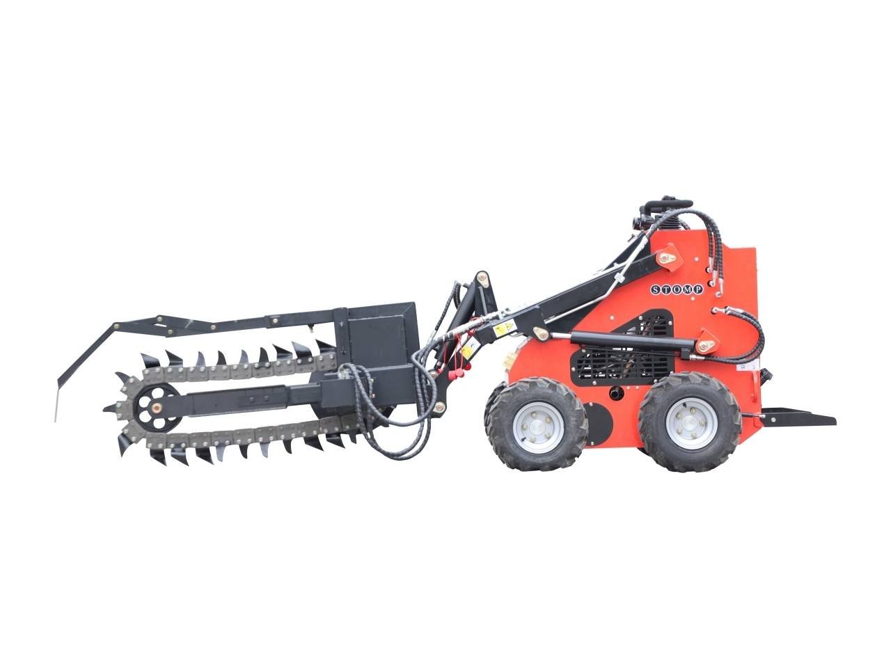 Red skid-steer loader with a large hydraulic rake/grapple attachment for clearing brush and debris.