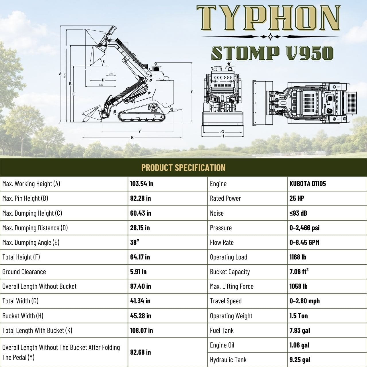 Typhon Stomp V950 Mini Skid Steer Track Loader - Konstructz Series 1.5 Ton 25HP Kubota D1105 Engine - Image 2
